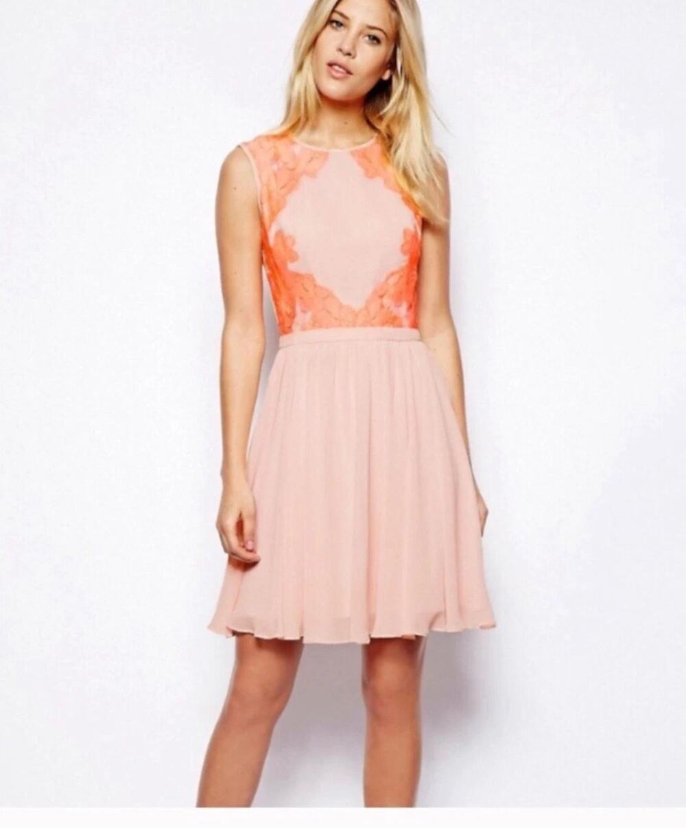 Ted Baker Vember Cream Fit & Flare Dress Neon Pink Lace Accents, Sz 1, Small 🍊